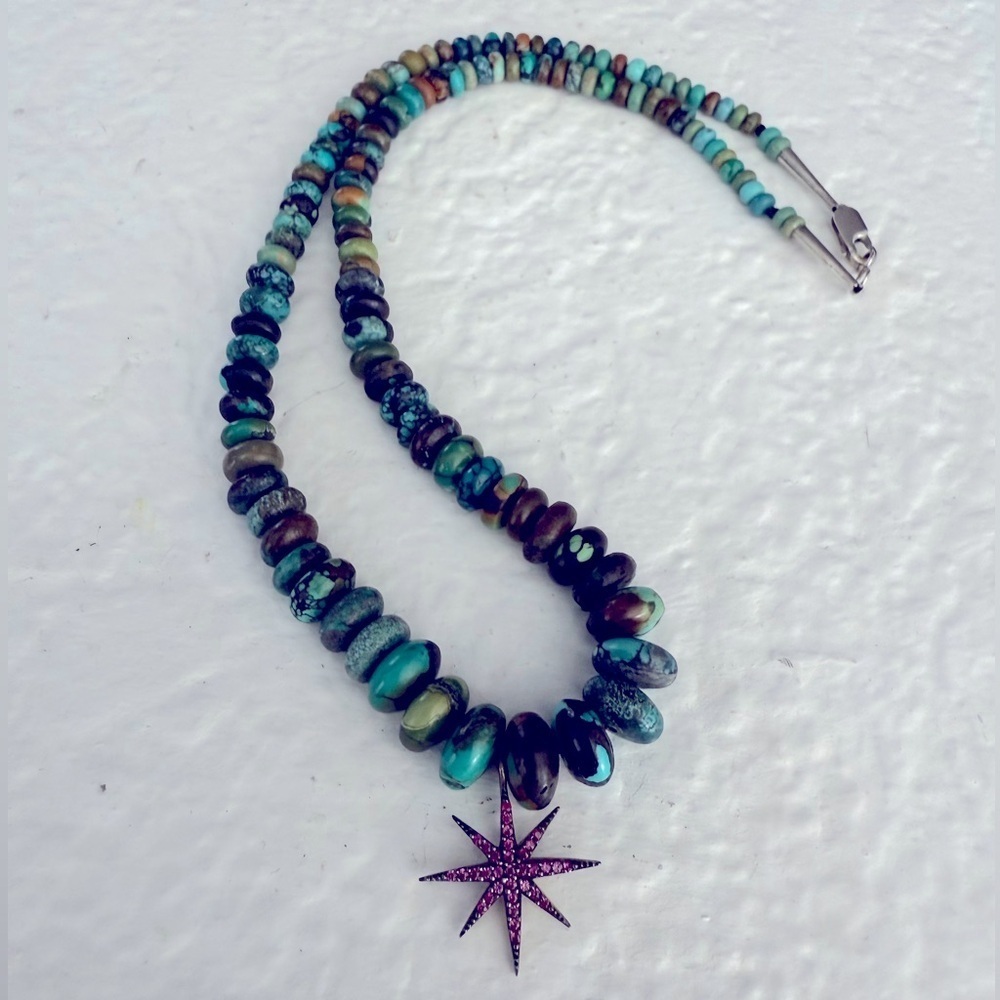 Turquoise and Pink Sapphire Star Pendant Necklace🌵#60